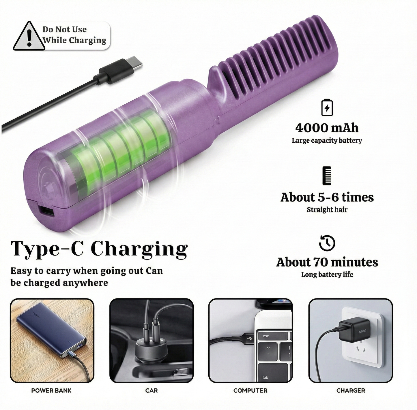 Cordless Mini Hair Straightener & Hot Comb - Rechargeable Travel Styler with Adjustable Heat