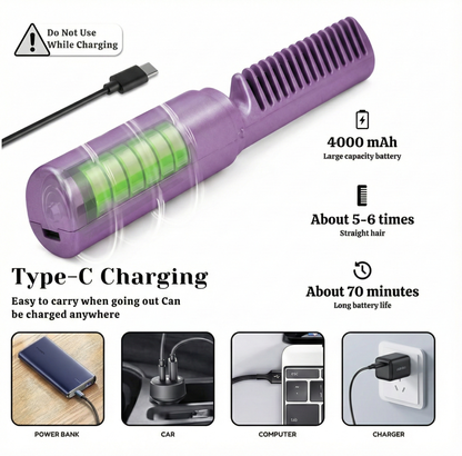 Cordless Mini Hair Straightener & Hot Comb - Rechargeable Travel Styler with Adjustable Heat